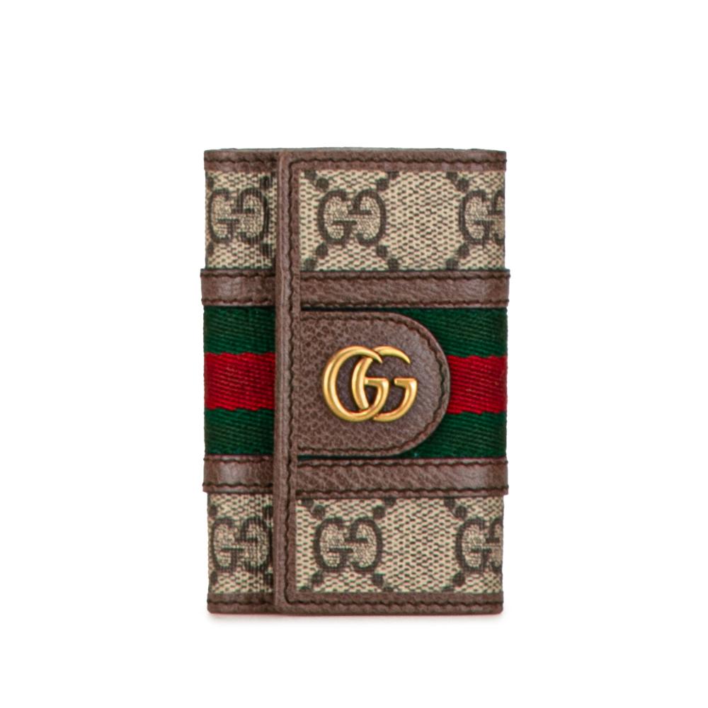 Gucci B Gucci Brown Beige Coated Canvas Fabric GG Supreme Ophidia Key Case Italy