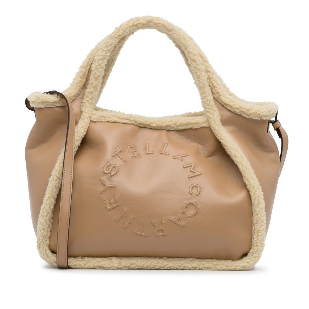 Stella McCartney AB Stella McCartney Brown Beige Chemical Fiber Fabric Shearling Trimmed Stella Logo Satchel Italy