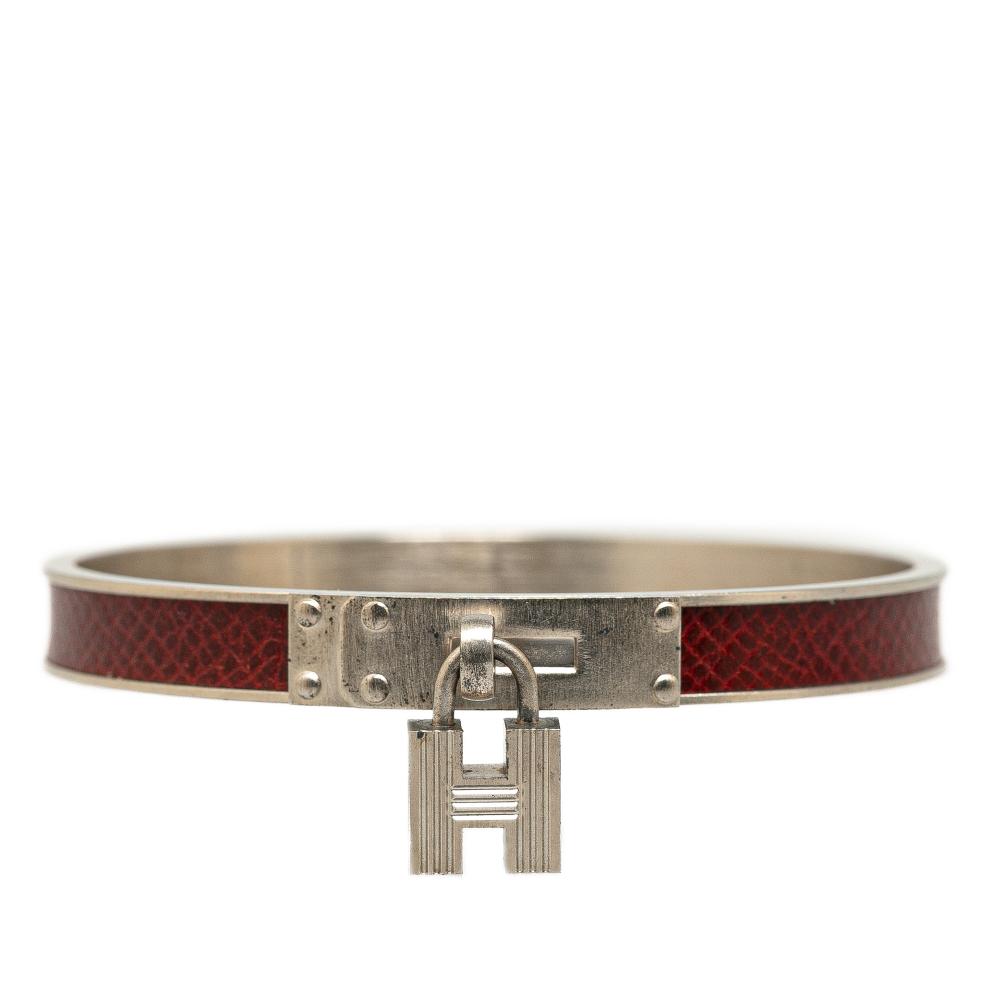 Hermès B Hermès Red Bordeaux with Silver Calf Leather Kelly Cadena Lock Bangle Bracelet France