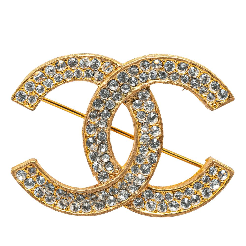 Chanel B Chanel Gold Gold Plated Metal CC Rhinestone Brooch France