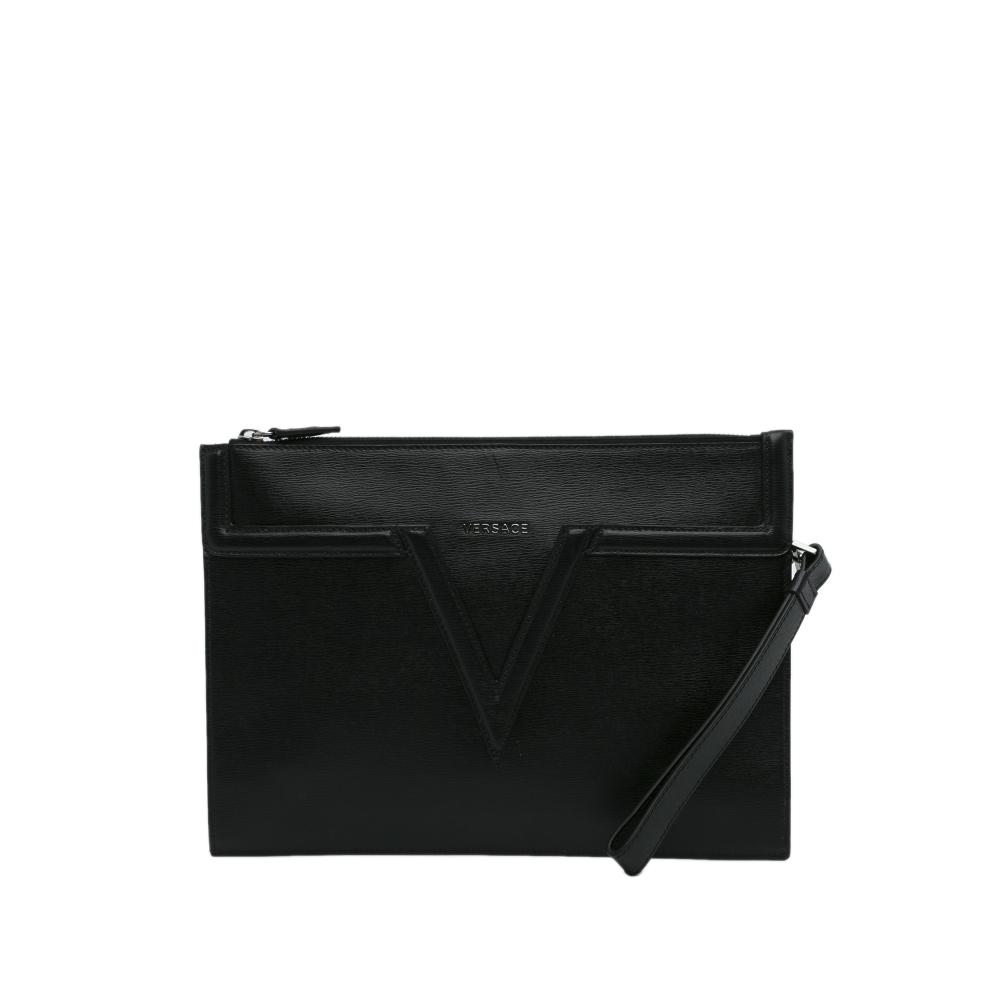 Versace AB Versace Black Calf Leather V Logo Clutch Italy