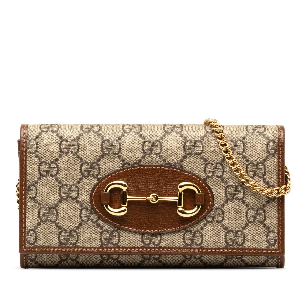 Gucci AB Gucci Brown Beige Coated Canvas Fabric GG Supreme Horsebit 1955 Wallet On Chain Italy