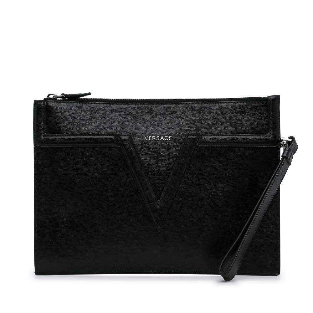 Versace AB Versace Black Calf Leather V Logo Clutch Italy