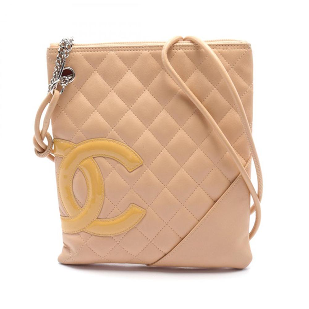 Chanel B Chanel Brown Light Beige Lambskin Leather Leather Cambon Ligne Flat Crossbody Italy