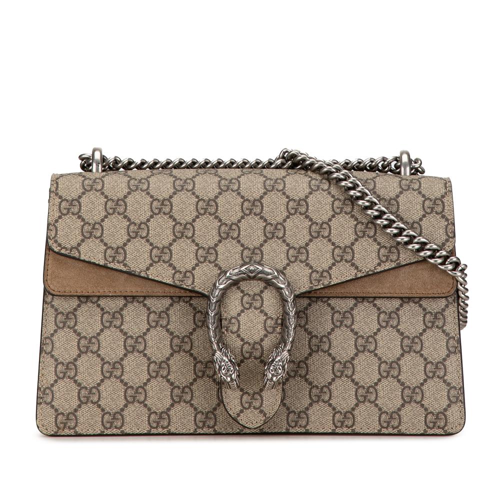 Gucci B Gucci Brown Beige Coated Canvas Fabric Small GG Supreme Dionysus Shoulder Bag Italy