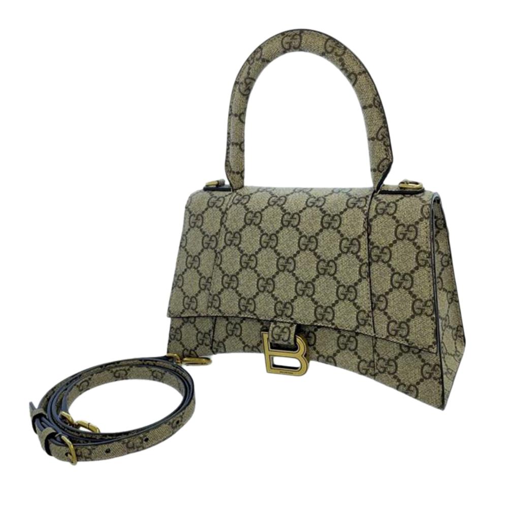 Gucci Brown Beige Coated Canvas Fabric Small The Hacker Project GG Supreme Hourglass Satchel Italy