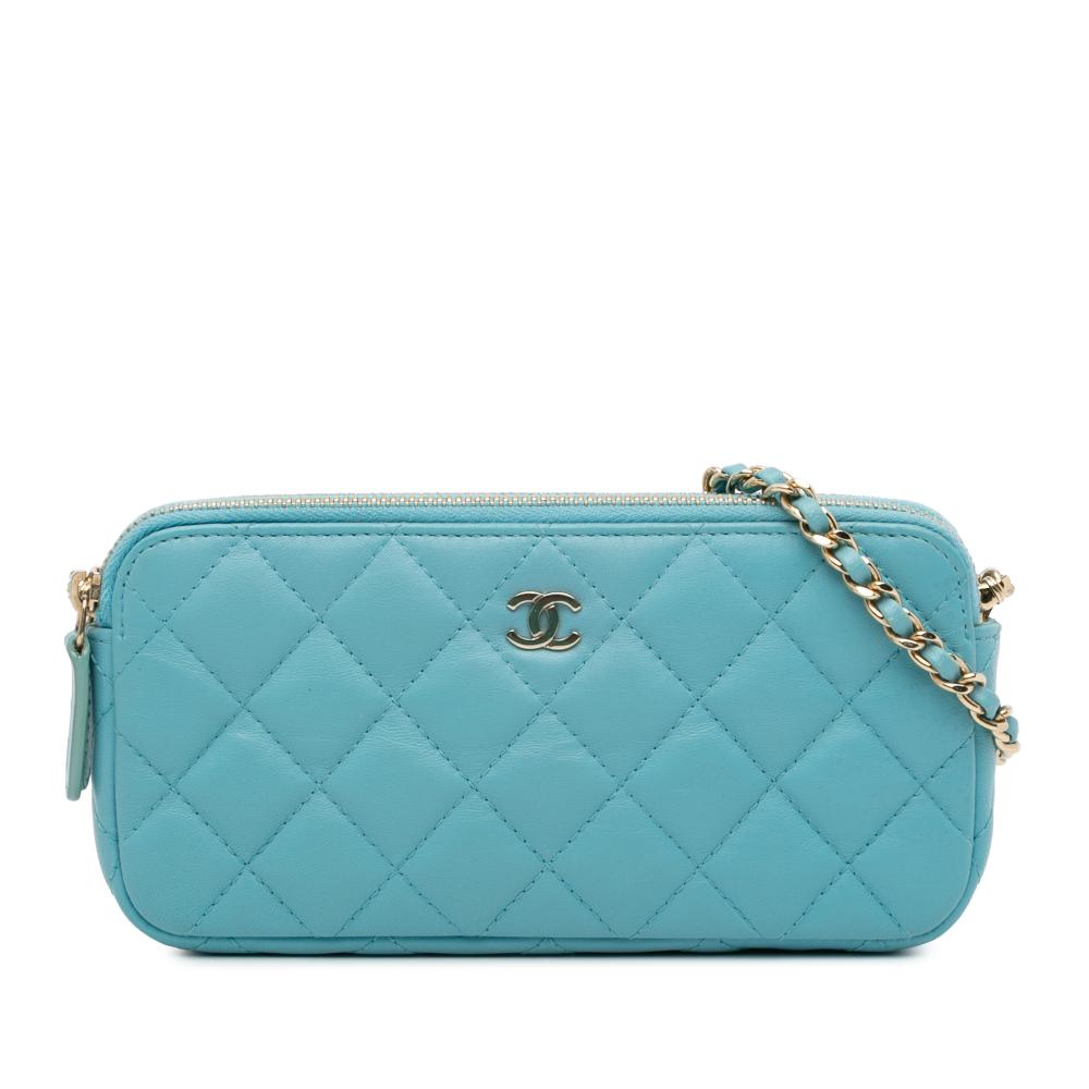 Chanel B Chanel Blue Light Blue Lambskin Leather Leather CC Lambskin Double Zip Wallet on Chain Italy