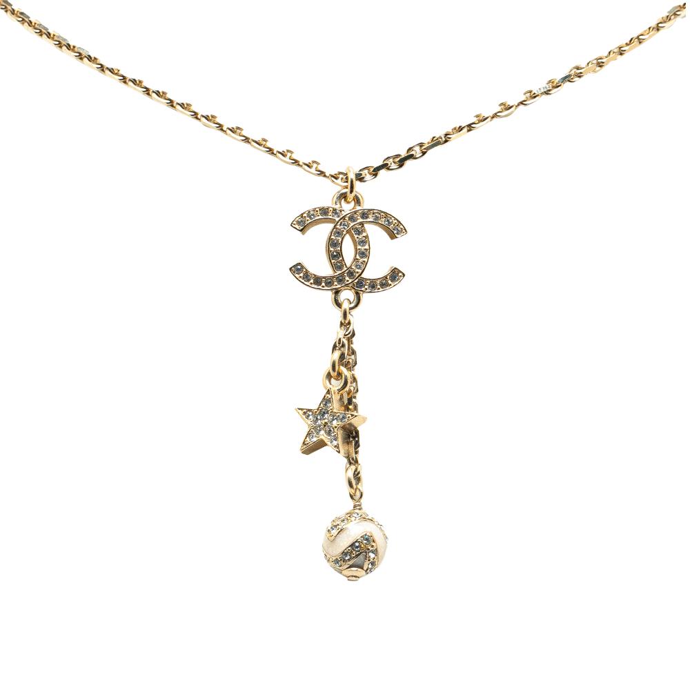 Chanel AB Chanel Gold Gold Plated Metal CC Rhinestones Star and Ball Pendant Necklace France