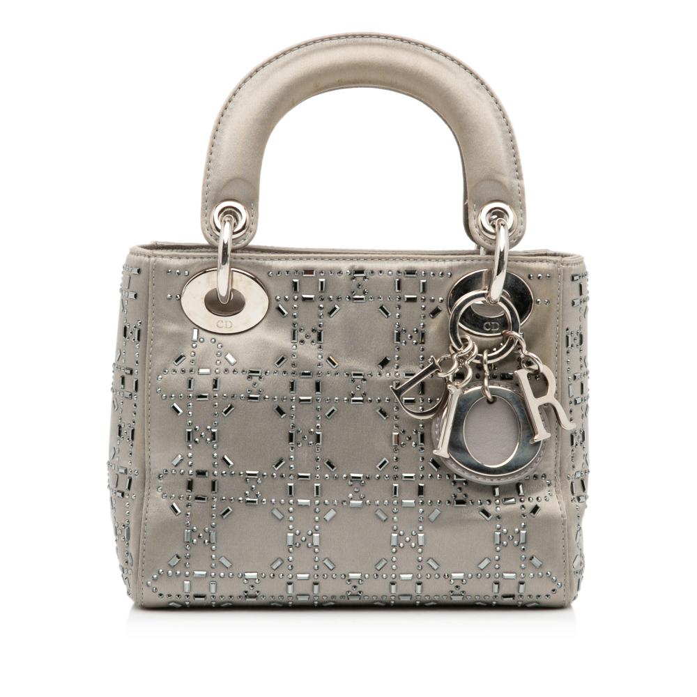 Christian Dior B Dior Gray Satin Fabric Mini Cannage Crystal Lady Dior Italy