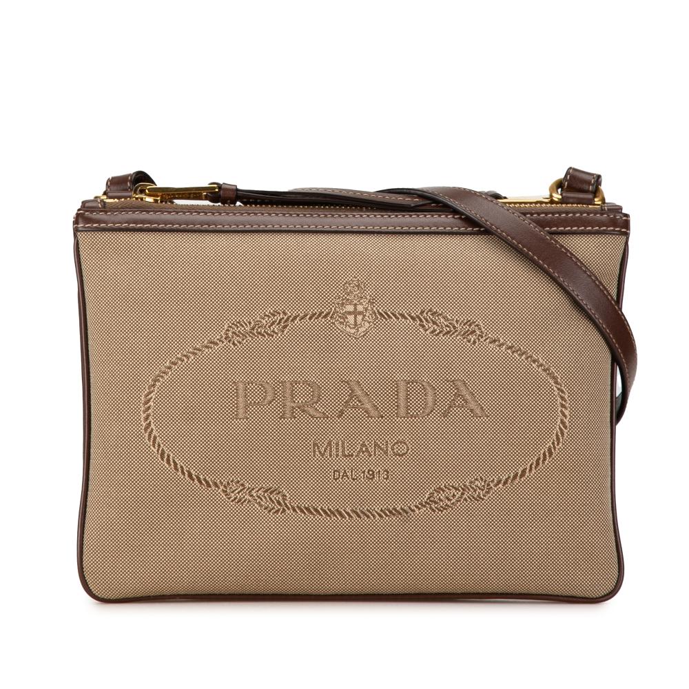 Prada B Prada Brown Beige Canvas Fabric Canapa Logo Double Zip Crossbody Romania