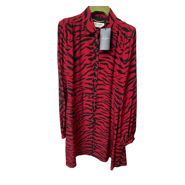 Saint Laurent New dark red silk zebra dress