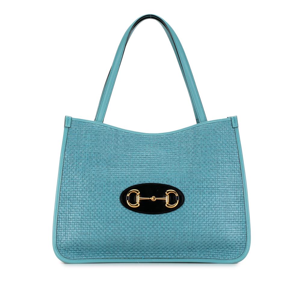 Gucci AB Gucci Blue Denim Raffia Natural Material Horsebit 1955 Tote Italy