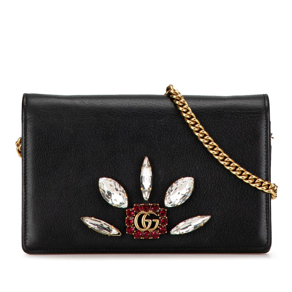 Gucci B Gucci Black Calf Leather GG Marmont Embellished Wallet On Chain Italy