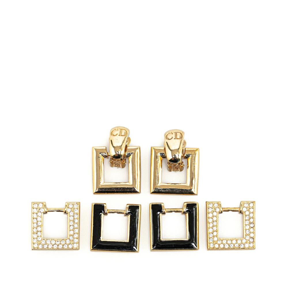 Christian Dior B Dior Gold Gold Plated Metal Rhinestone CD Logo Square Set Clip-On Earrings France