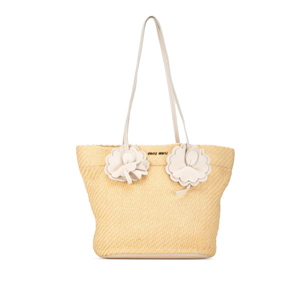 Miu Miu B Miu Miu Brown Beige with White Ivory Straw Natural Material Floral Embellished Tote Italy