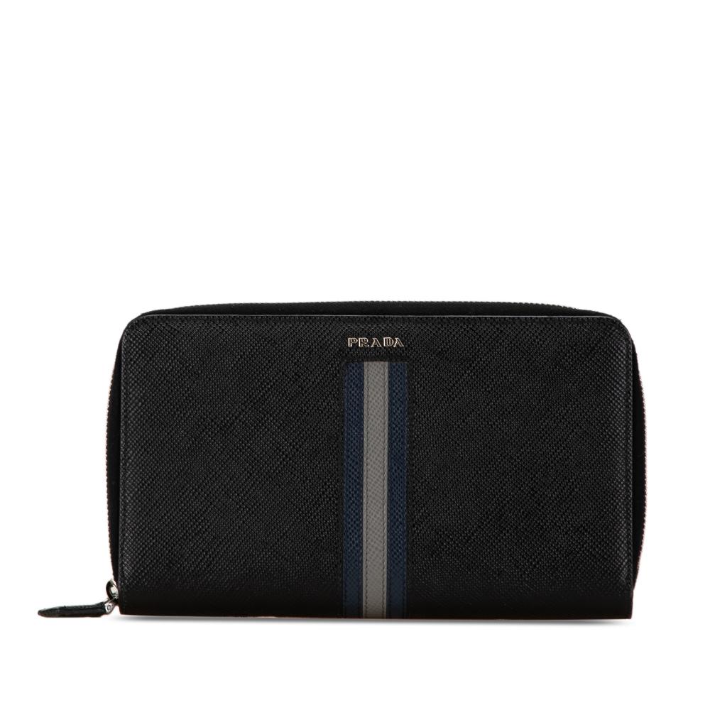 Prada B Prada Black Saffiano Leather Stripe Zip Around Wallet Italy