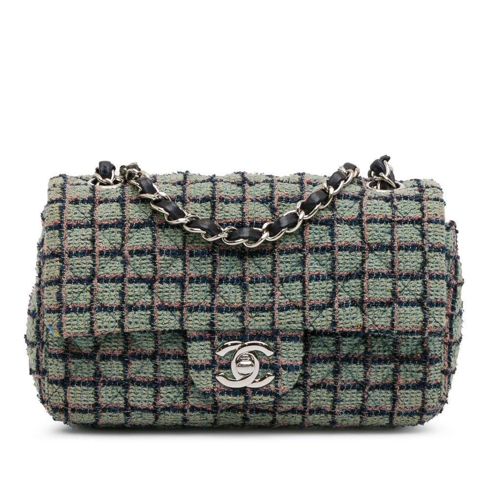 Chanel AB Chanel Green with Blue Navy Tweed Fabric Mini Rectangular Classic Flap France