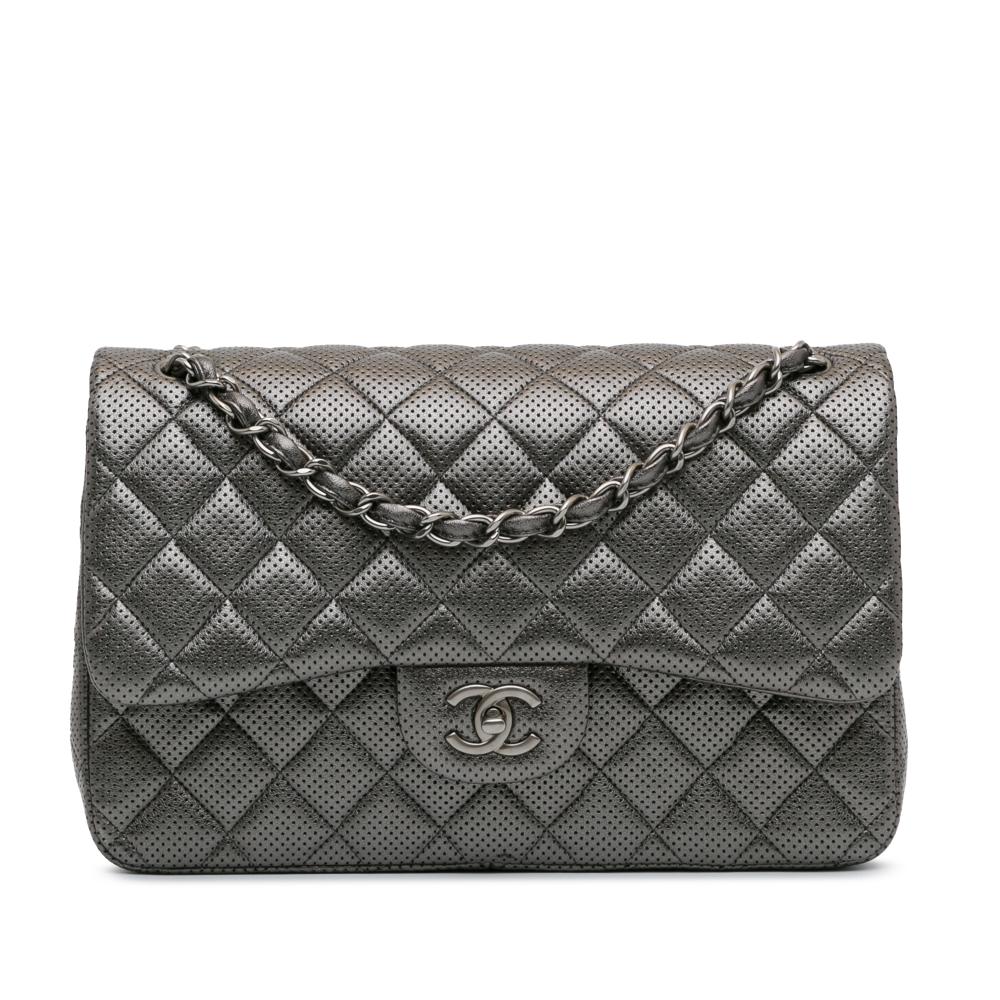 Chanel AB Chanel Silver Lambskin Leather Leather Jumbo Classic Perforated Lambskin Double Flap Italy