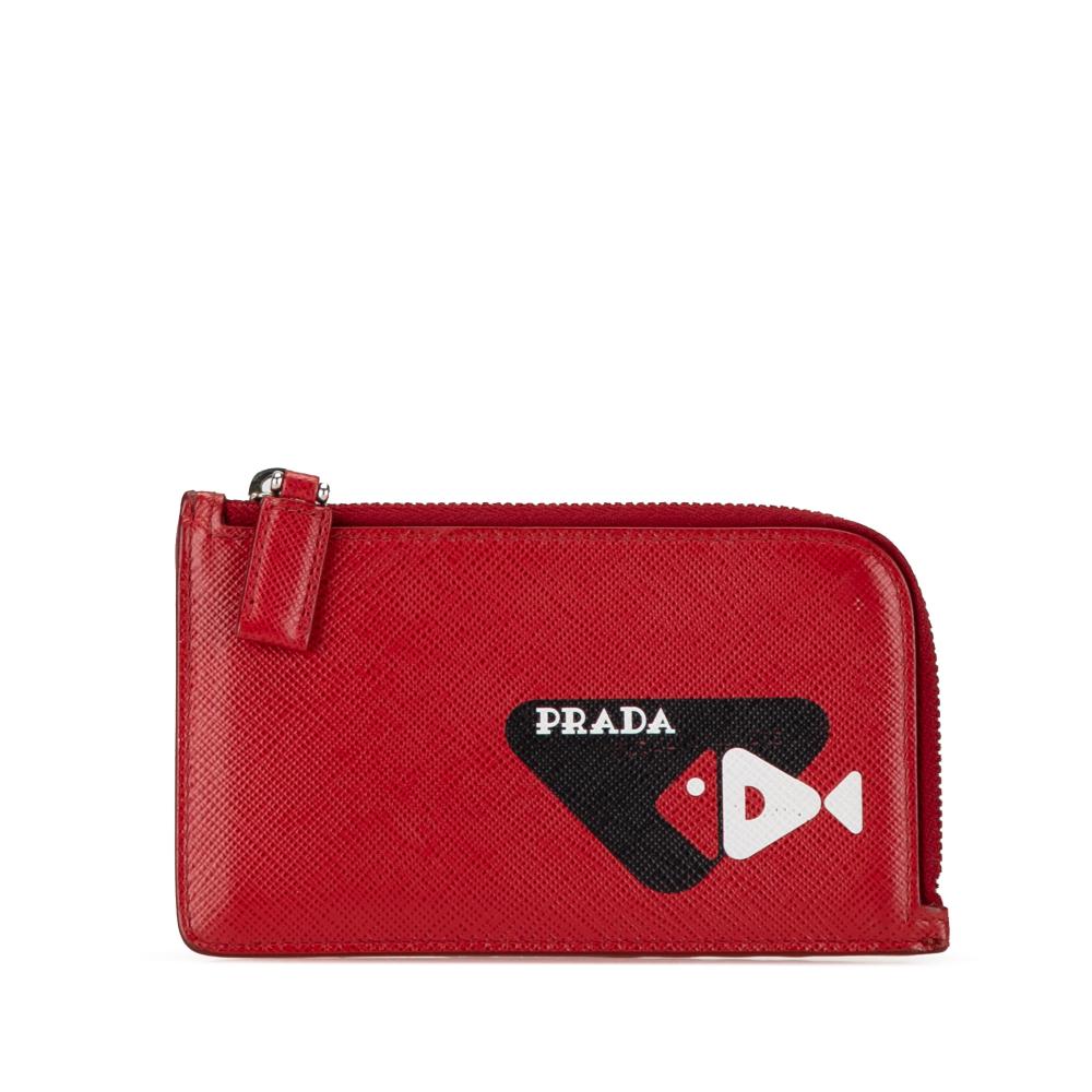 Prada AB Prada Red Saffiano Leather Fish Sketch Zipped Card Holder Italy