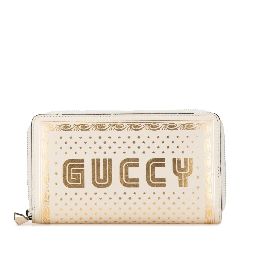 Gucci B Gucci White Calf Leather Guccy Sega Zip Around Long Wallet Italy