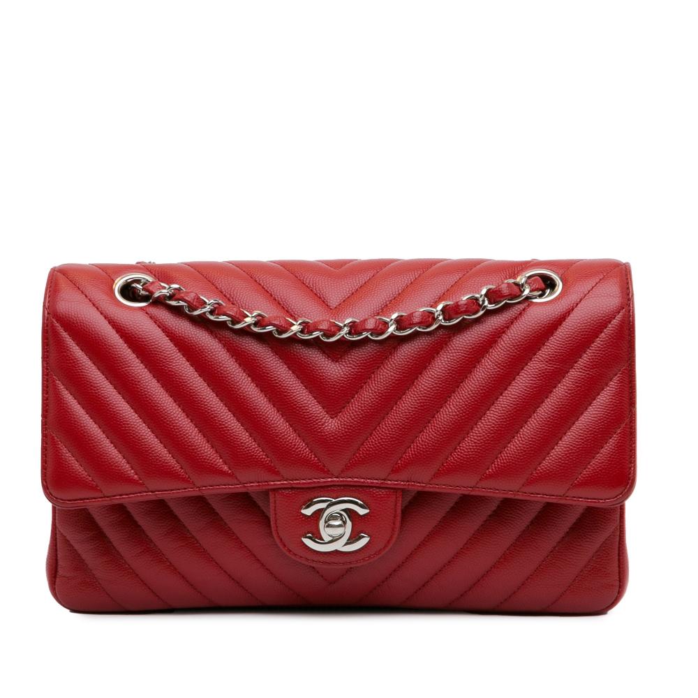 Chanel B Chanel Red Caviar Leather Leather Medium Classic Chevron Caviar Double Flap France