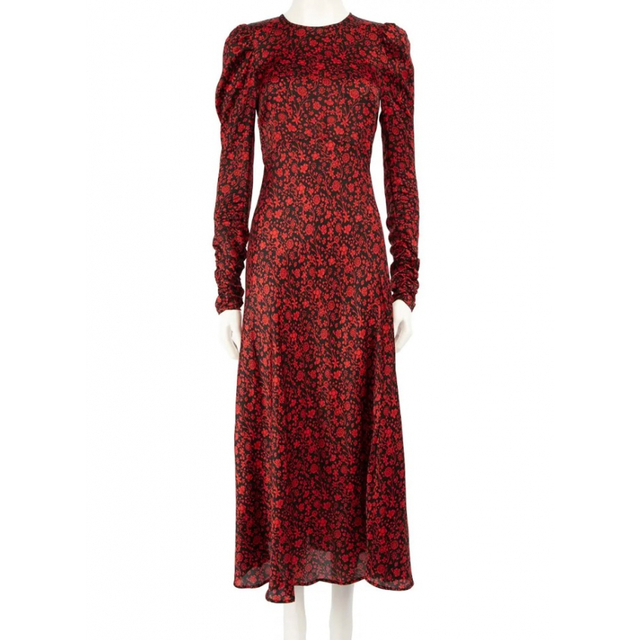 Maje Red & Black Ruched Floral Print Silk Dress