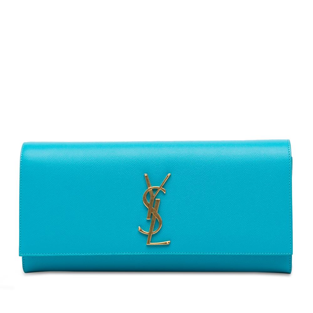 Saint Laurent AB Saint Laurent Blue Aqua Calf Leather Grain de Poudre Monogram Cassandre Clutch Italy