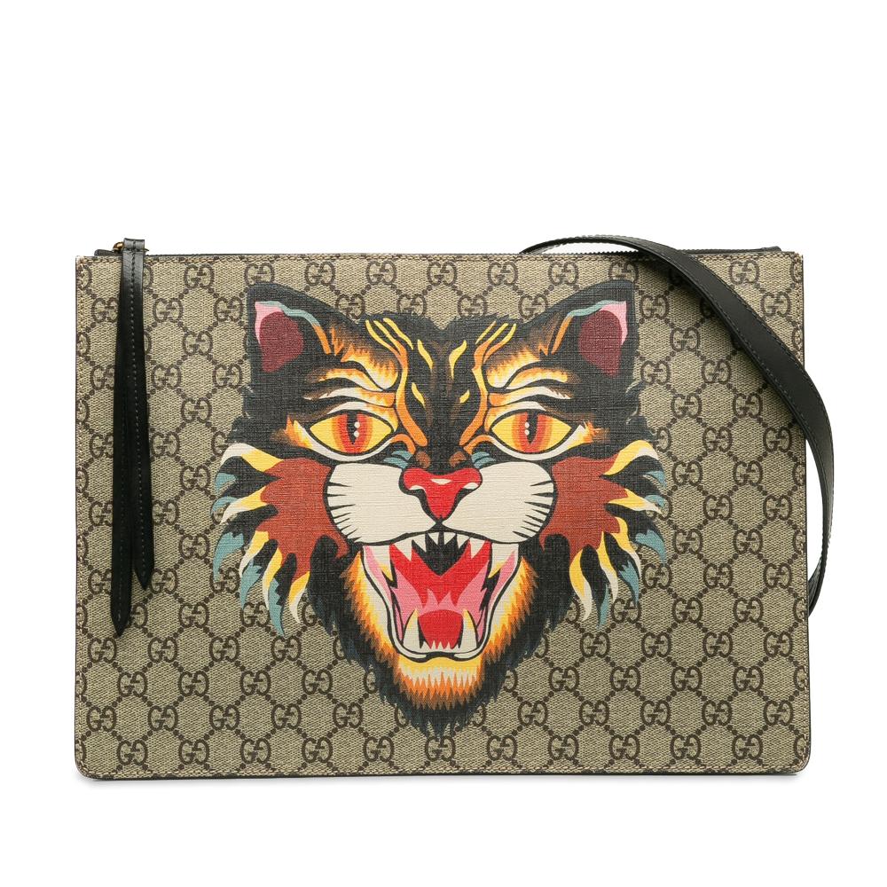 Gucci B Gucci Brown Beige Coated Canvas Fabric GG Supreme Angry Cat Crossbody Bag Italy