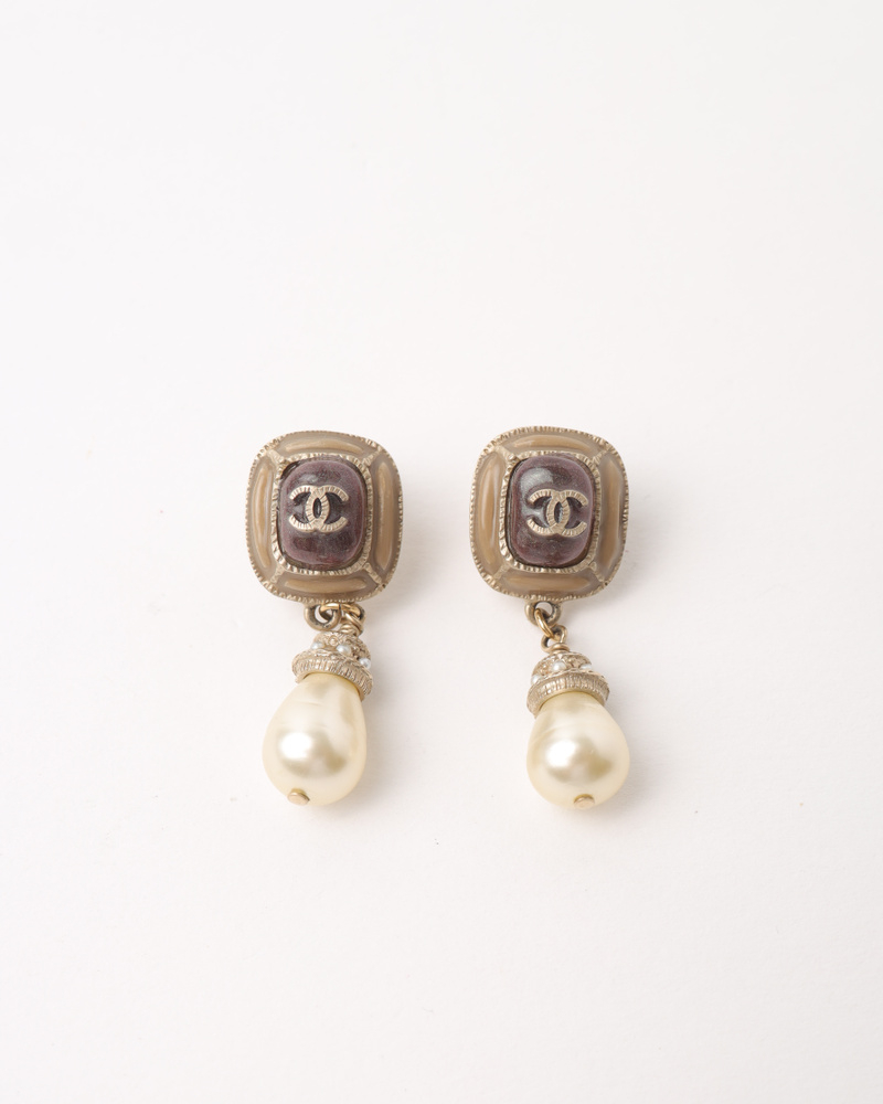 Chanel CC Faux Pearl Drop Earrings