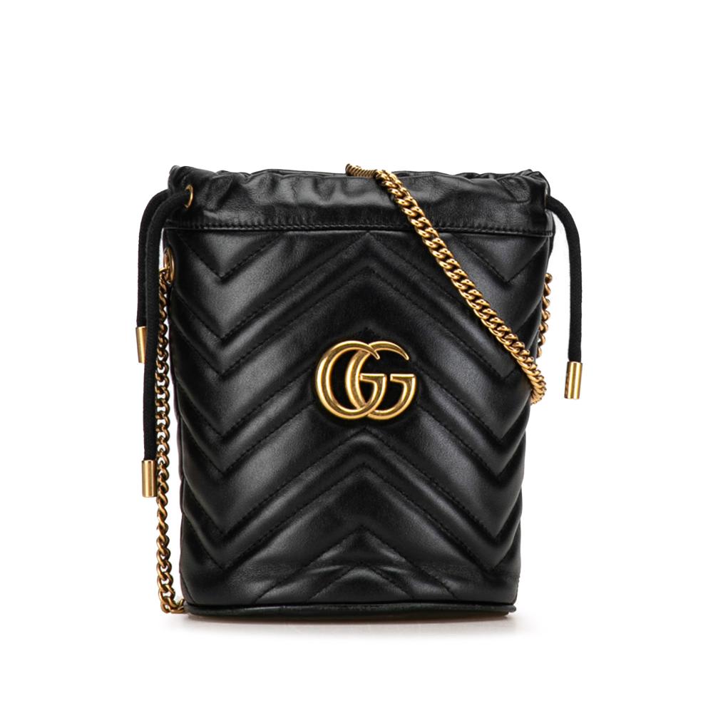 Gucci B Gucci Black Calf Leather Mini GG Marmont Matelasse Bucket Bag Italy