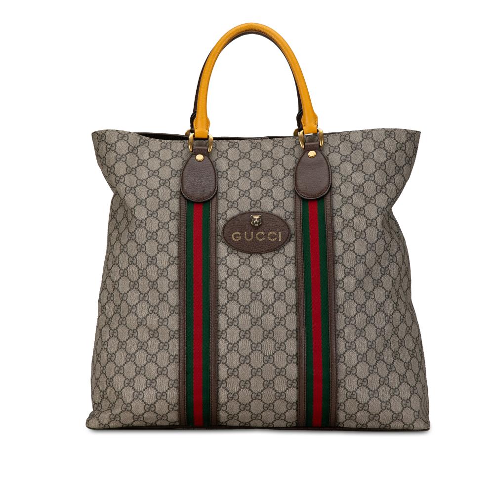 Gucci B Gucci Brown Beige Coated Canvas Fabric GG Supreme Web Neo Vintage Tote Italy