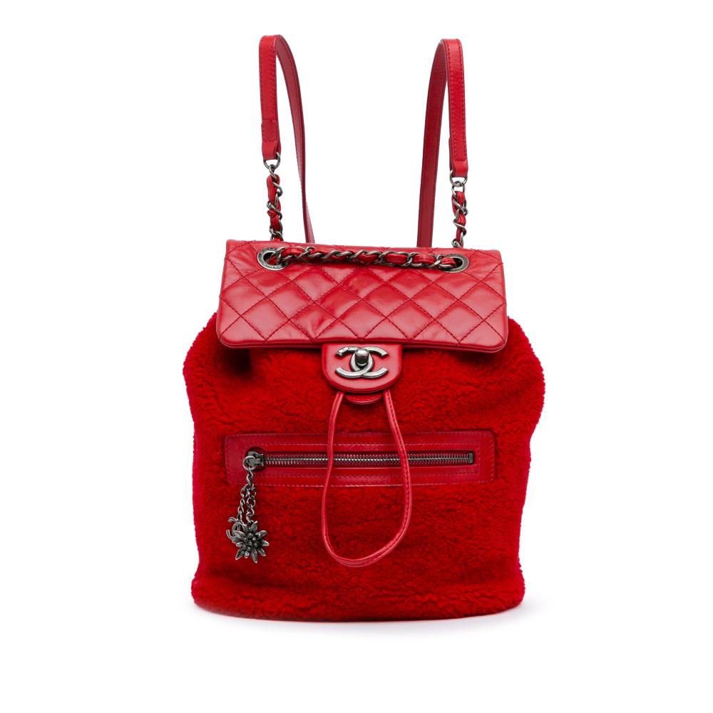 Chanel B Chanel Red Fur Natural Material Small Shearling and Glazed Calfskin Mountain Backpack Italy