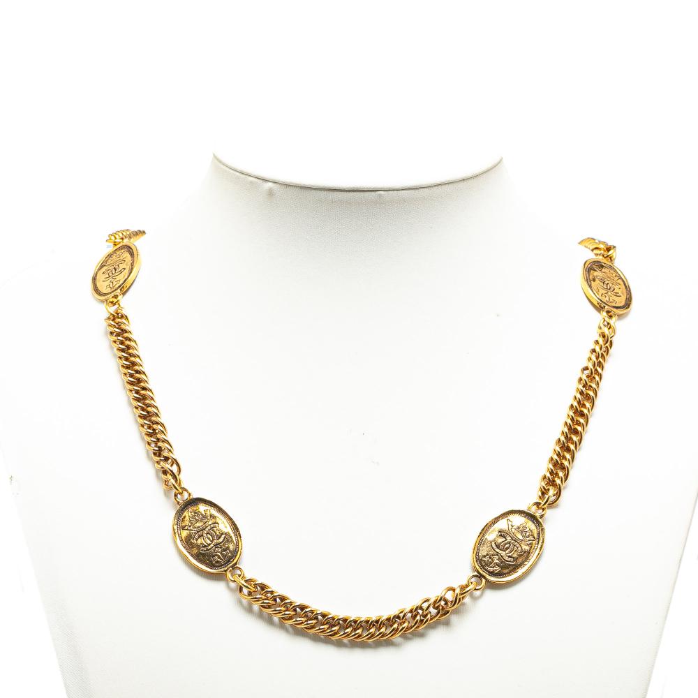 Chanel B Chanel Gold Gold Plated Metal Crown and CC Medallion Station Necklace France