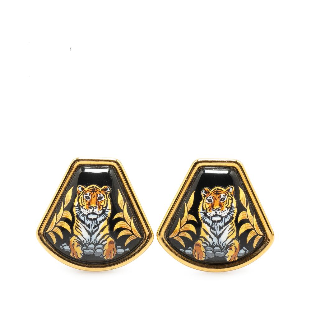 Hermès AB Hermès Black with Multi Enamel Other Royal Tiger Cloisonne Clip On Earrings France