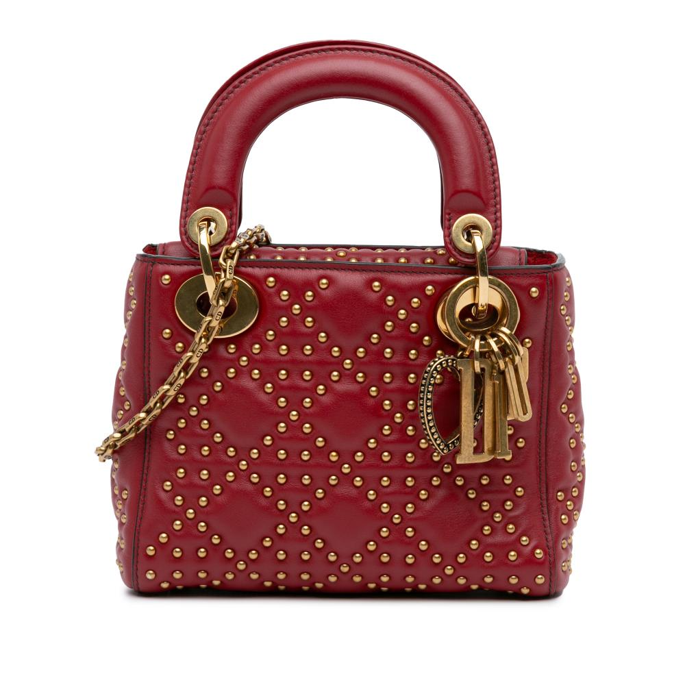 Christian Dior B Dior Red Lambskin Leather Leather Mini Lambskin Cannage Studded Supple Lady Dior Italy