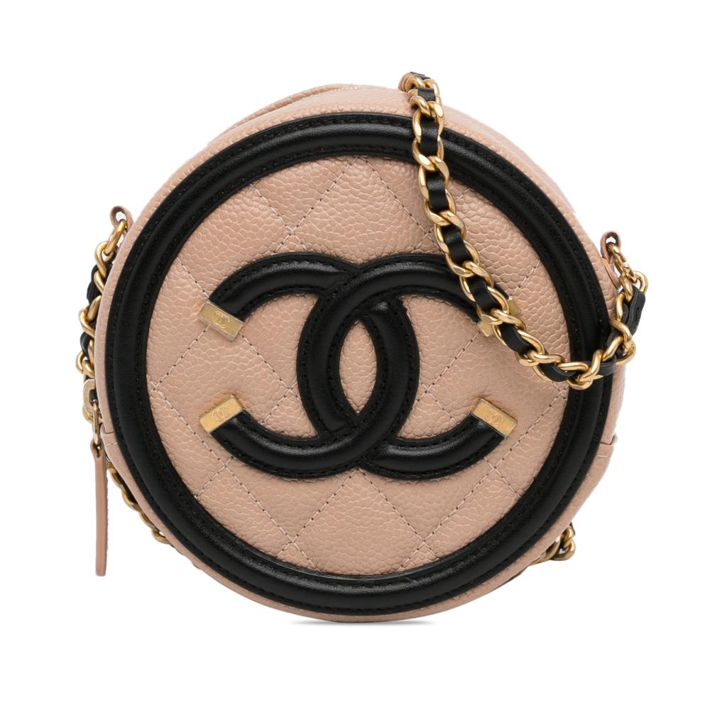 Chanel AB Chanel Brown Beige Caviar Leather Leather Caviar CC Filigree Round Crossbody Italy