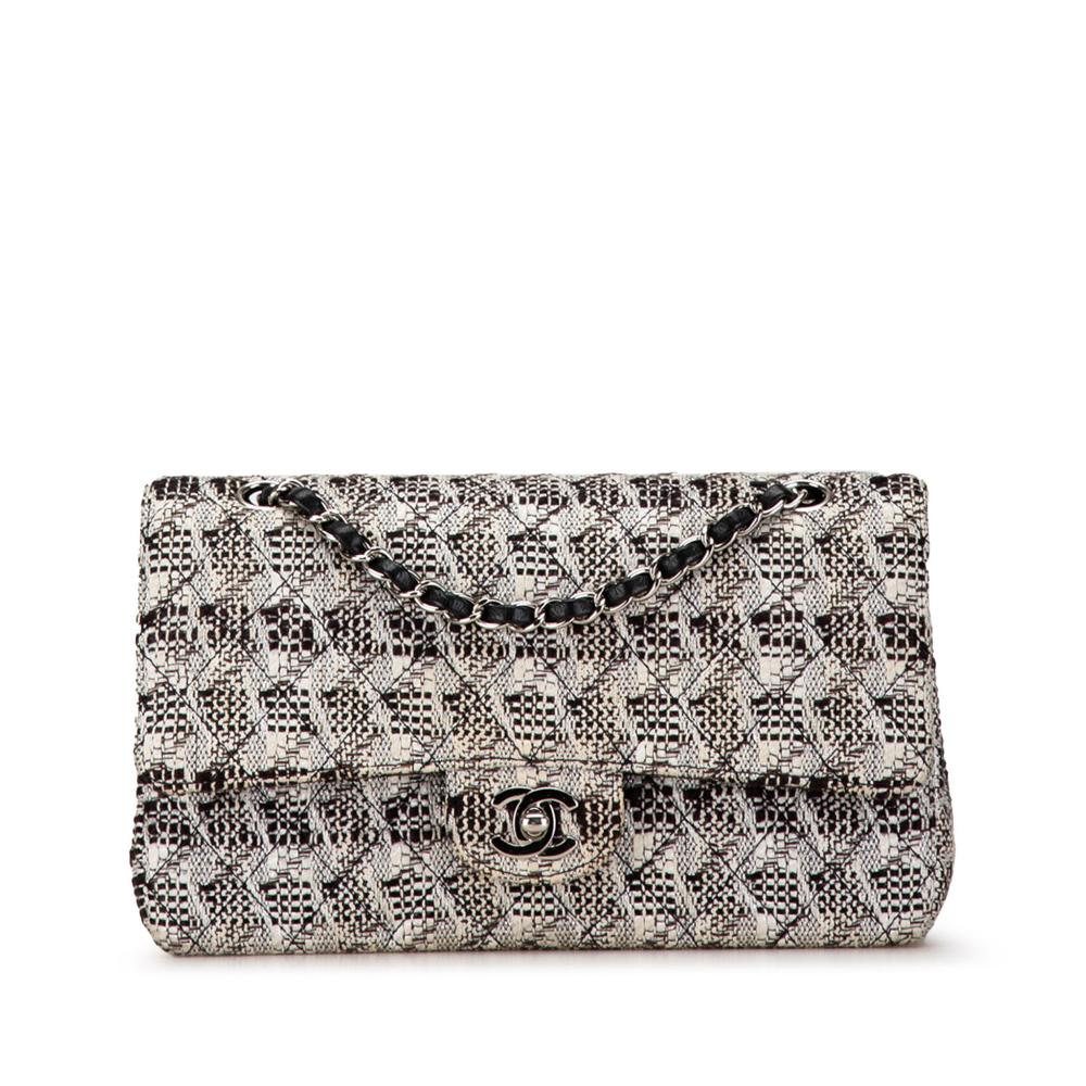 Chanel B Chanel White Off White with Black Tweed Fabric Medium Classic Double Flap France