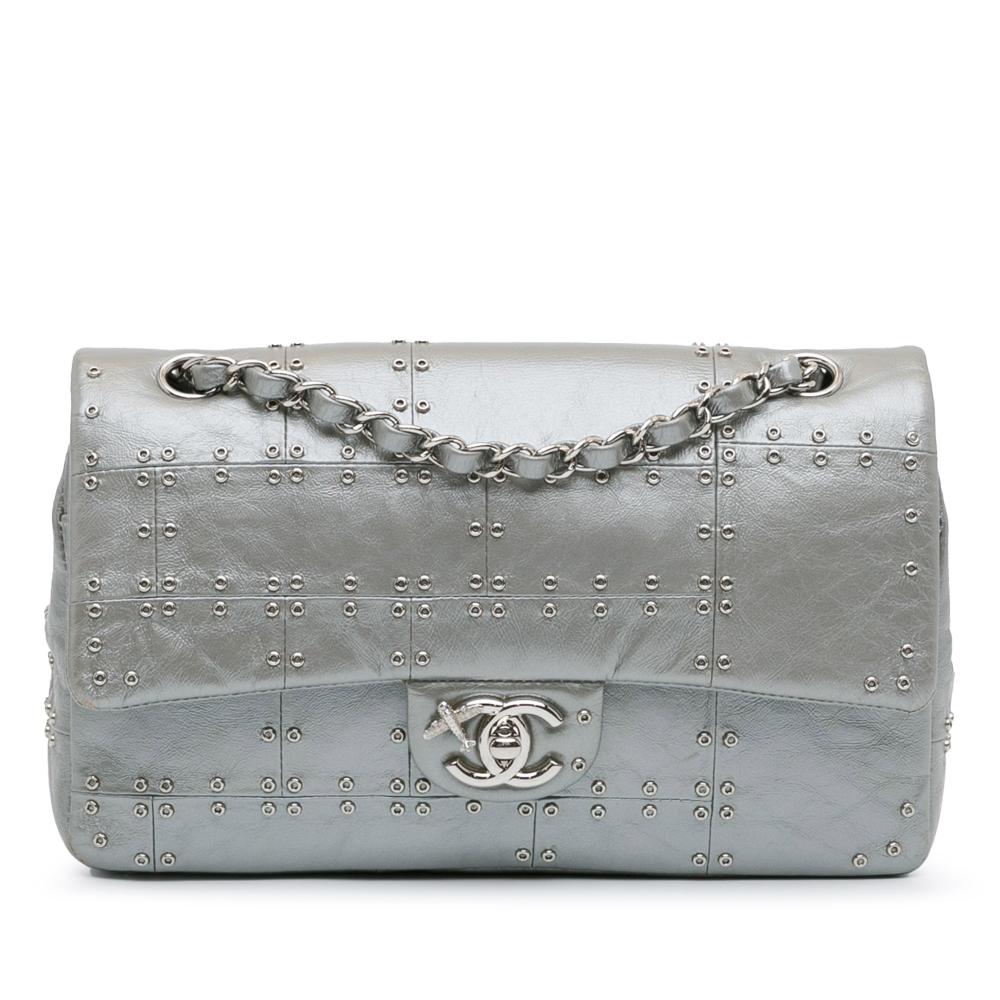 Chanel AB Chanel Silver Calf Leather Medium Glazed skin Grommet Embellished Airline Double Flap France