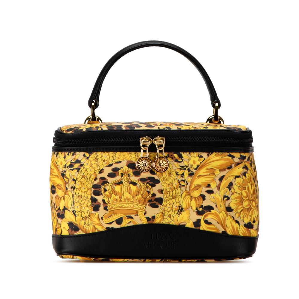 Versace B Versace Yellow with Black Coated Canvas Fabric Barocco Leopard Vanity Bag Italy