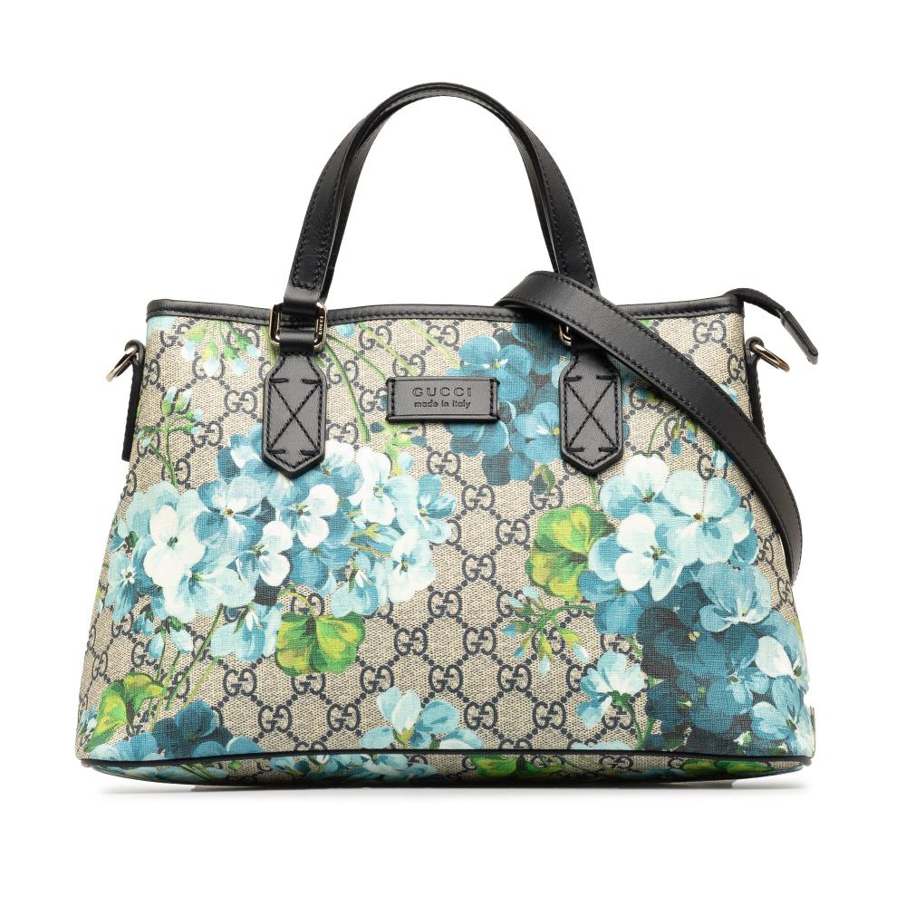 Gucci AB Gucci Brown Beige Coated Canvas Fabric GG Supreme Blooms Satchel Italy