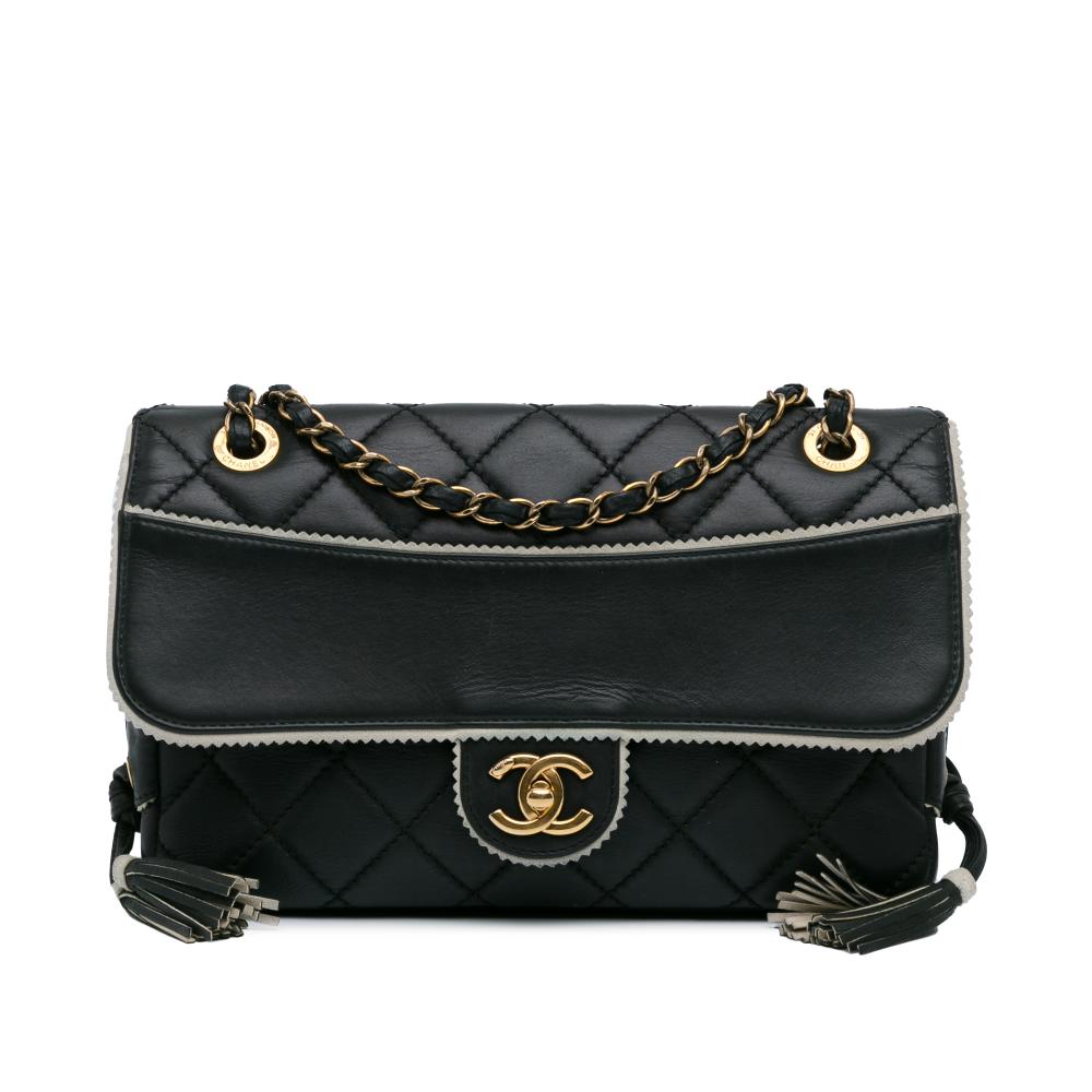 Chanel B Chanel Black Lambskin Leather Leather CC Quilted Lambskin Tassel and Border Embellished Flap Italy