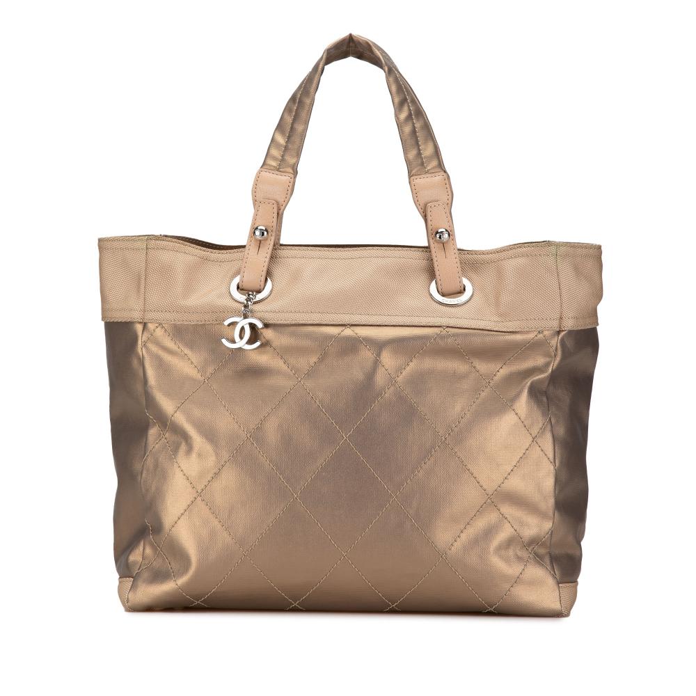 Chanel B Chanel Gold Coated Canvas Fabric Large Paris Biarritz Tote Italy