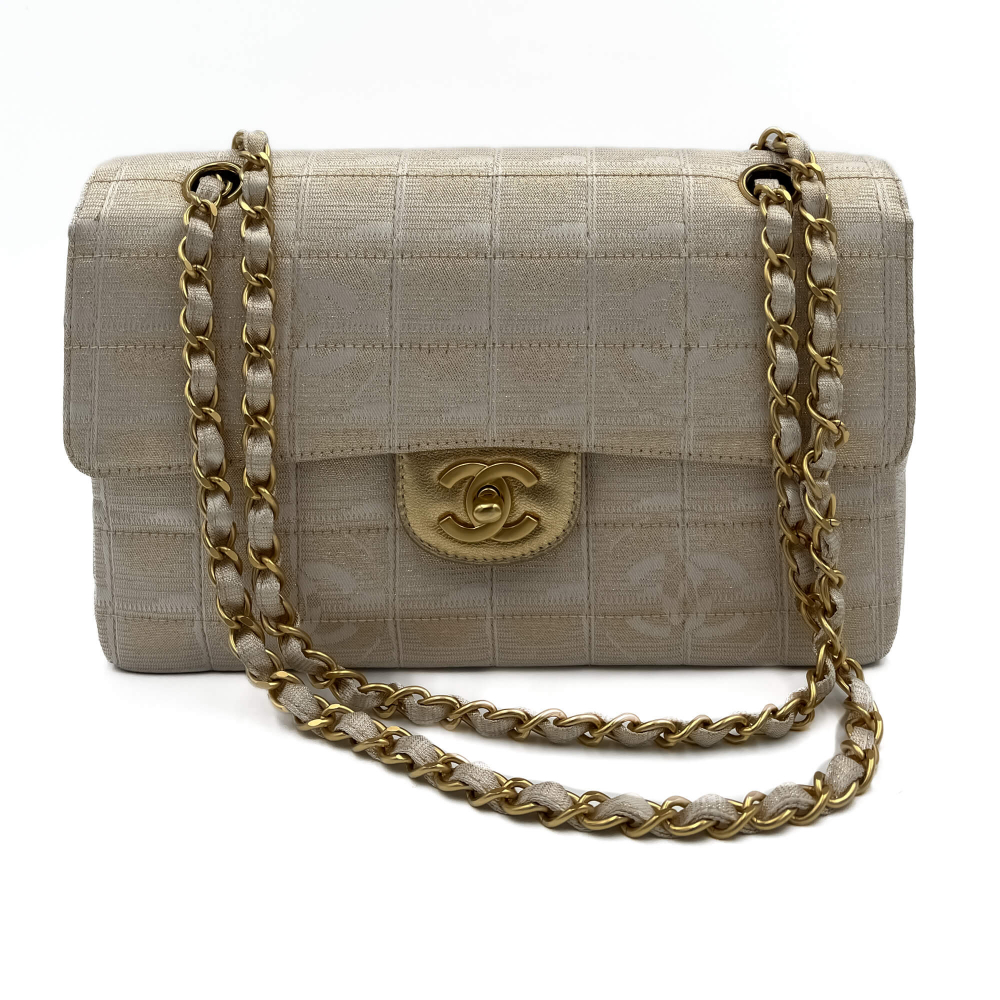 Chanel Classic Single Flap Small Chocolate bar Nylon Fabric 2-Ways Flap Bag Champagne Gold-tone