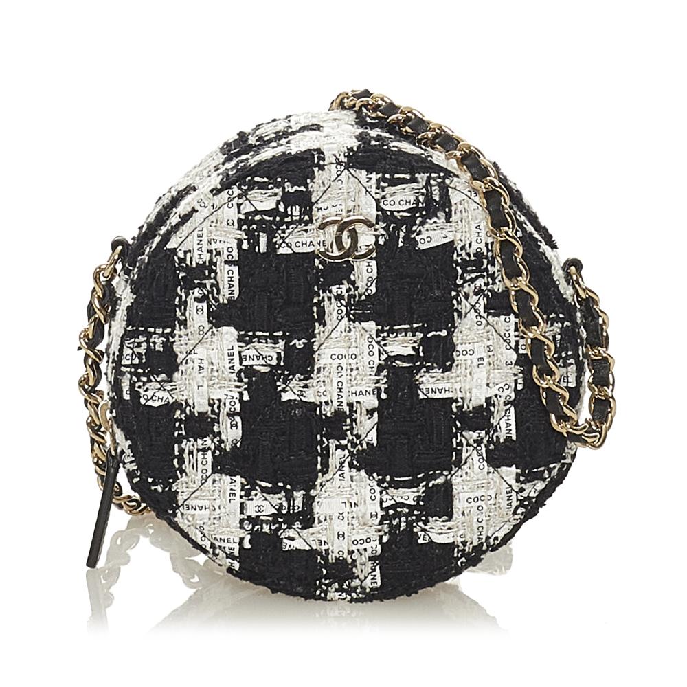 Chanel B Chanel White Tweed Fabric Round Clutch with Chain Italy