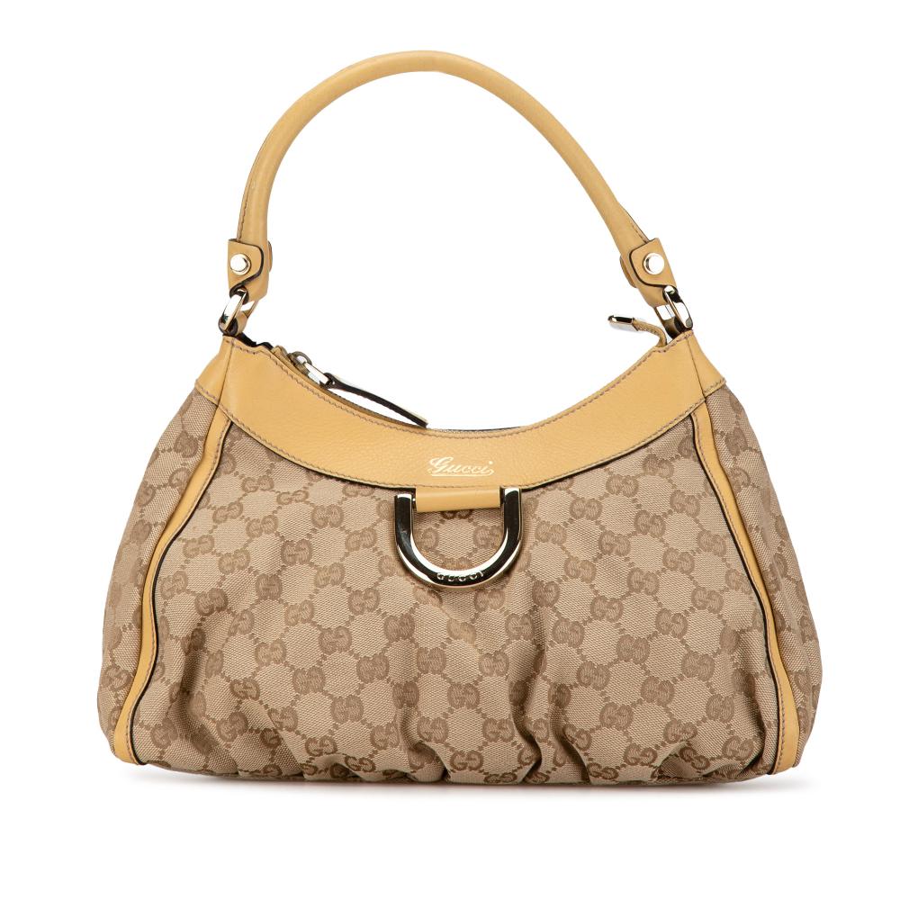 Gucci B Gucci Brown Beige Canvas Fabric GG Abbey D-Ring Shoulder Bag Italy