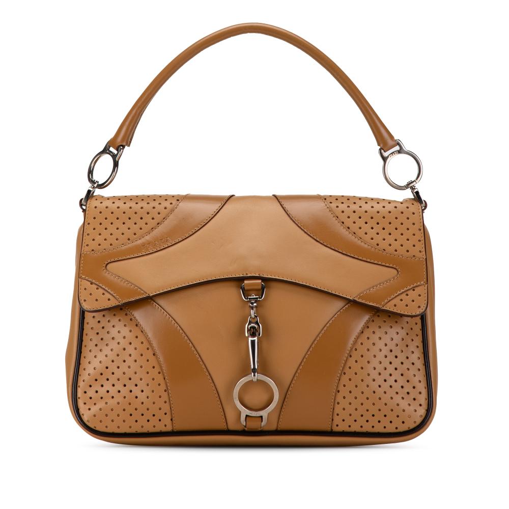 Prada B Prada Brown Light Brown Calf Leather Vitello Drive Perforated Handbag Italy