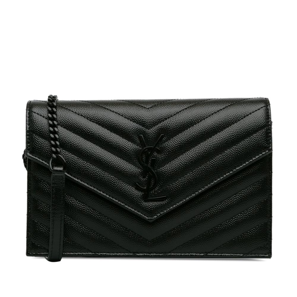 Saint Laurent AB Saint Laurent Black Calf Leather Chevron Monogram Wallet on Chain Italy