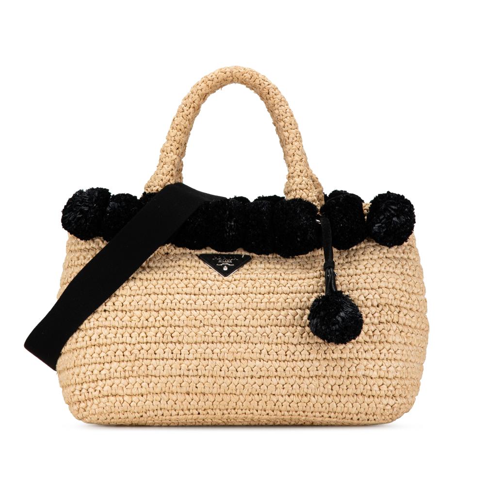 Prada B Prada Brown Beige Raffia Natural Material Small Pompom Satchel Italy