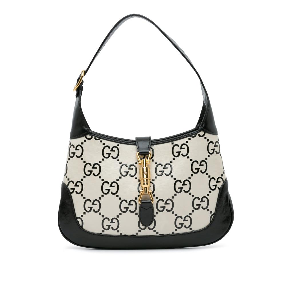 Gucci B Gucci White with Black Calf Leather Small GG Print Jackie 1961 Italy