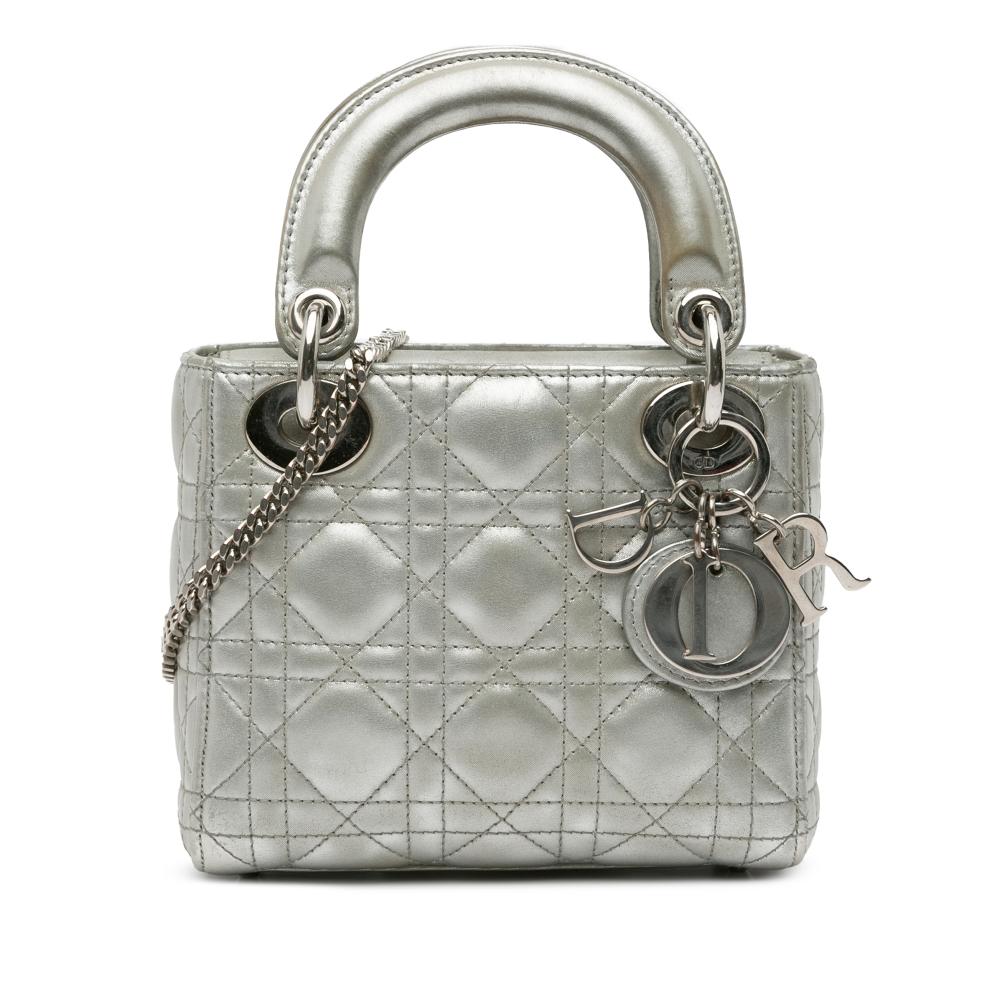 Christian Dior AB Dior Silver Lambskin Leather Leather Mini Iridescent Lambskin Cannage Lady Dior Italy